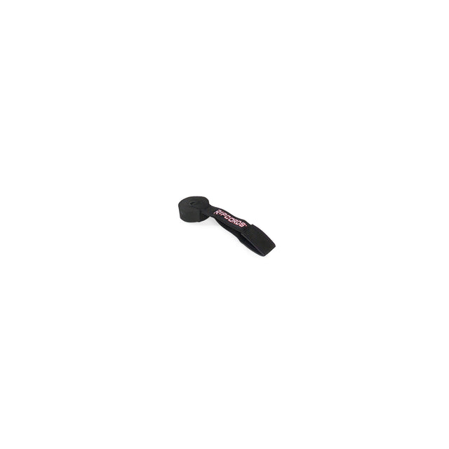 A black wrist strap with a loop and a stitched red and white “Bells of Steel USA” logo, designed for attaching to a camera or small electronic device, is placed against a plain white background. The sturdy construction of the Human Trainer - Ripcords resembles that of rubber handles found on resistance bands or door anchors, ensuring both comfort and durability during use.