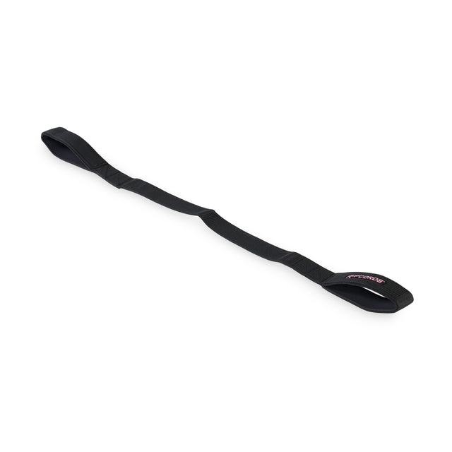 A black nylon Human Trainer - Ripcords strap by Bells of Steel USA, featuring loops at both ends, is laid flat against a white background. The durable strap is designed for carrying or securing items, and can also be used as a door anchor with resistance bands during workouts.