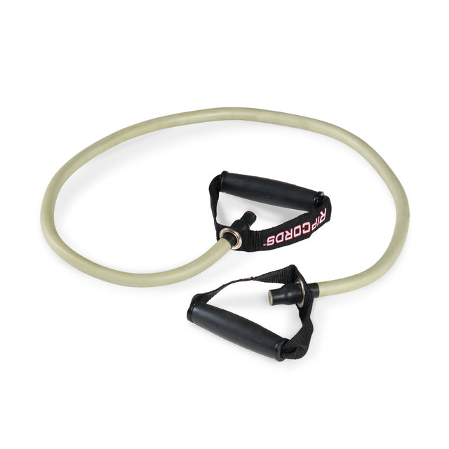 A light-colored Human Trainer - Ripcords resistance band by Bells of Steel USA, featuring black rubber handles and a “RIPCORDS” label on one handle, is arranged in a loose loop on a white background.