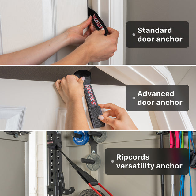 Three images show hands using the Human Trainer – Ripcords by Bells of Steel USA: anchoring to a door (using both standard and advanced door anchors with durable rubber handles) and attaching to gym equipment with the versatility anchor. Each anchoring method is clearly labeled for easy identification.