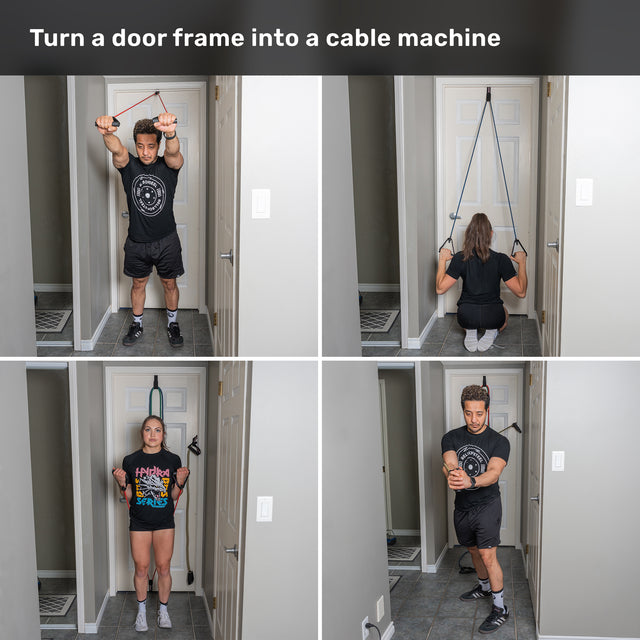 Four images show two people using the Human Trainer - Ripcords by Bells of Steel USA, featuring sturdy rubber handles and a secure door anchor attached to a door frame for various exercises, demonstrating how to turn any doorway into a cable machine. Text at the top reads, “Turn a door frame into a cable machine.”.