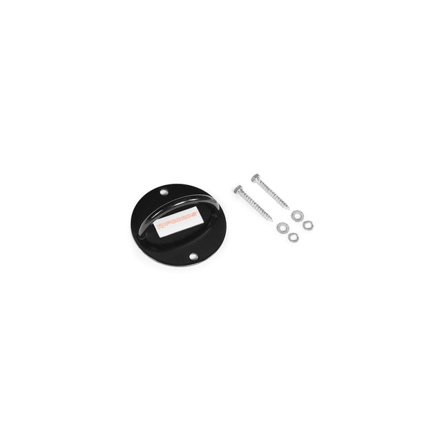 Round black wall mount bracket with a central adhesive strip, accompanied by two screws and two washers, displayed on a white background. The Human Trainer – Ripcords by Bells of Steel USA is perfect for use as a door anchor when setting up resistance bands or attachments with rubber handles for your workout.