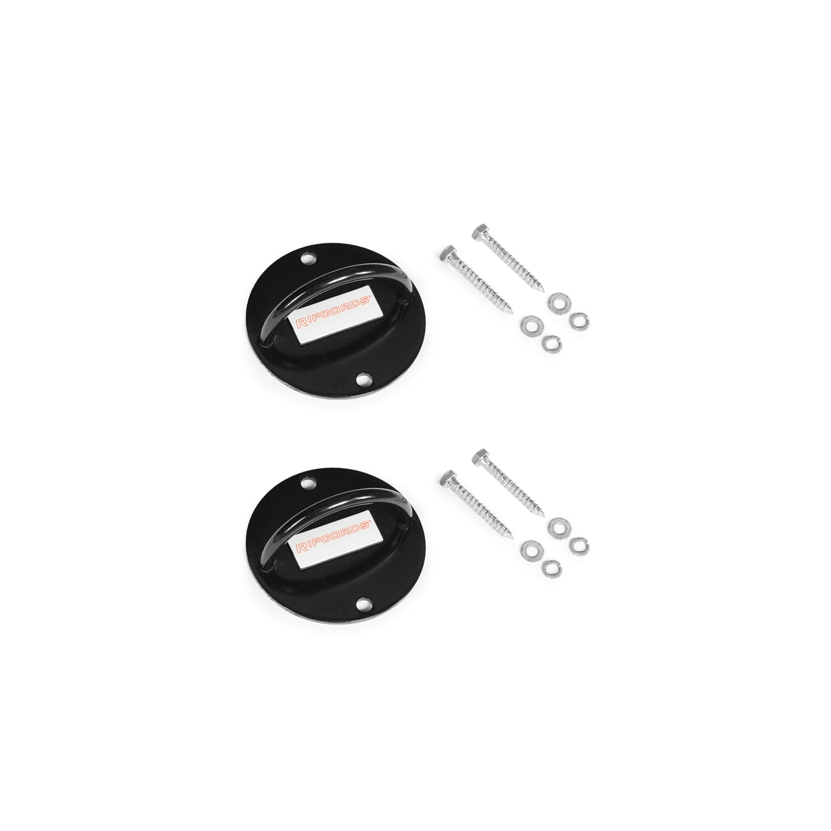 Two black circular metal wall mounts—the Human Trainer - Ceiling Mounts by Bells of Steel USA—are displayed, each crafted as a dependable fixed anchor for your resistance band system or as a secure ceiling mount. Each mount is accompanied by four screws, washers, and wall plugs, all neatly arranged on a white background.