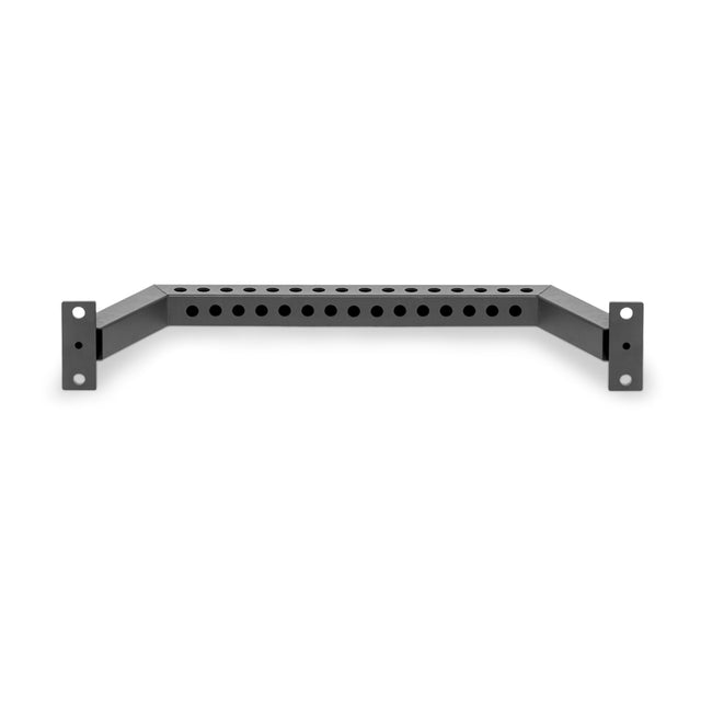 The Bells of Steel Rear Base Stabilizer is a black metal pull-up bar with multiple grip holes and mounting plates for attaching to 3x3 power rack uprights, shown against a white background.