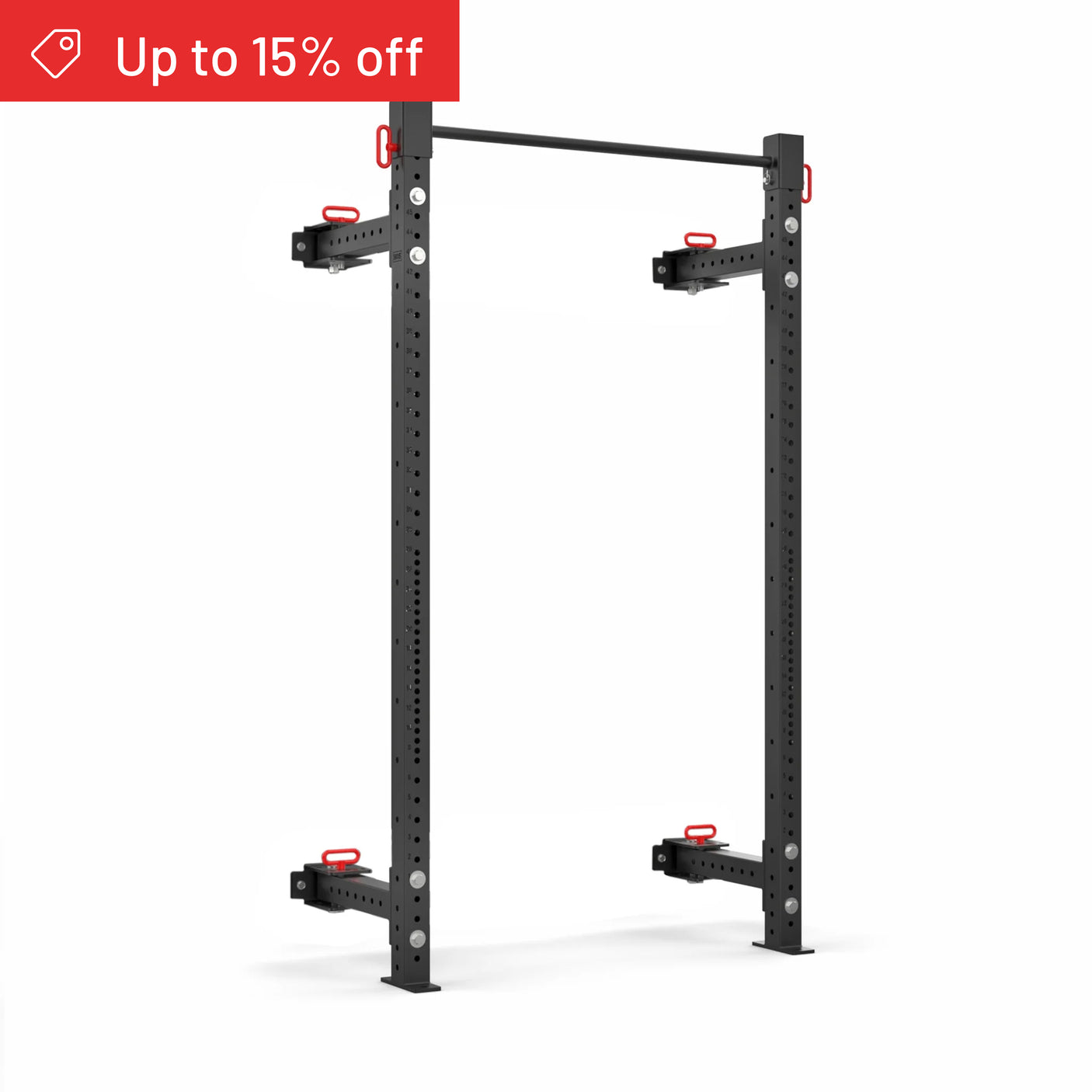 The Bells of Steel Roc Foldable 2 Post Cage Builder (3" x 3", ⅝" Holes) is a black metal squat rack with modular, adjustable supports and red accents. A red banner in the top left reads “Up to 15% off.” Ideal for any home gym setup.