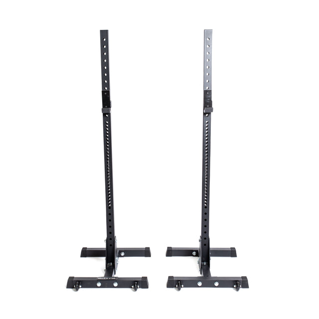 Bells of Steel Squat Stands (2.3" x 2.3", ⅝" holes) in black, feature adjustable height with sturdy bases and vertical poles for easy barbell placement—ideal for any home gym, shown on a white background.