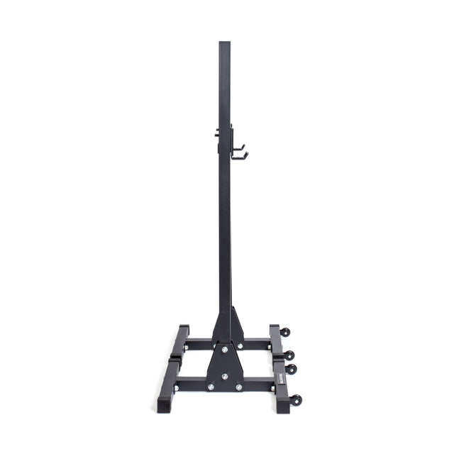 The Bells of Steel Squat Stands (2.3" x 2.3", ⅝" holes) are black metal racks with support bars, hooks, and wheeled bases, shown on a white backdrop—perfect for securely holding heavy equipment in home gyms or weightlifting clubs.