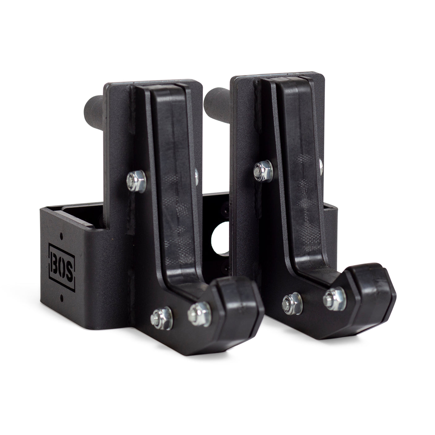 Two black metal Sandwich J-Cups by Bells of Steel with bolts and a rectangular base, designed as heavy-duty squat rack attachments. The BOS logo appears on the side of one holder.
