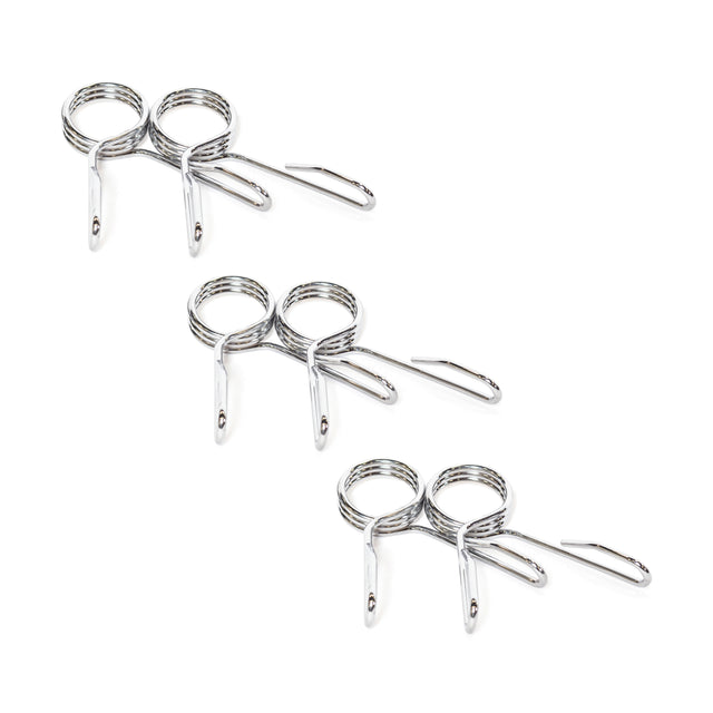 Three Bells of Steel Spring Collars with a polished chrome finish are displayed diagonally on a white background. Each collar features two loops and straight ends, ideal for securing weight plates on Olympic barbell sleeves.