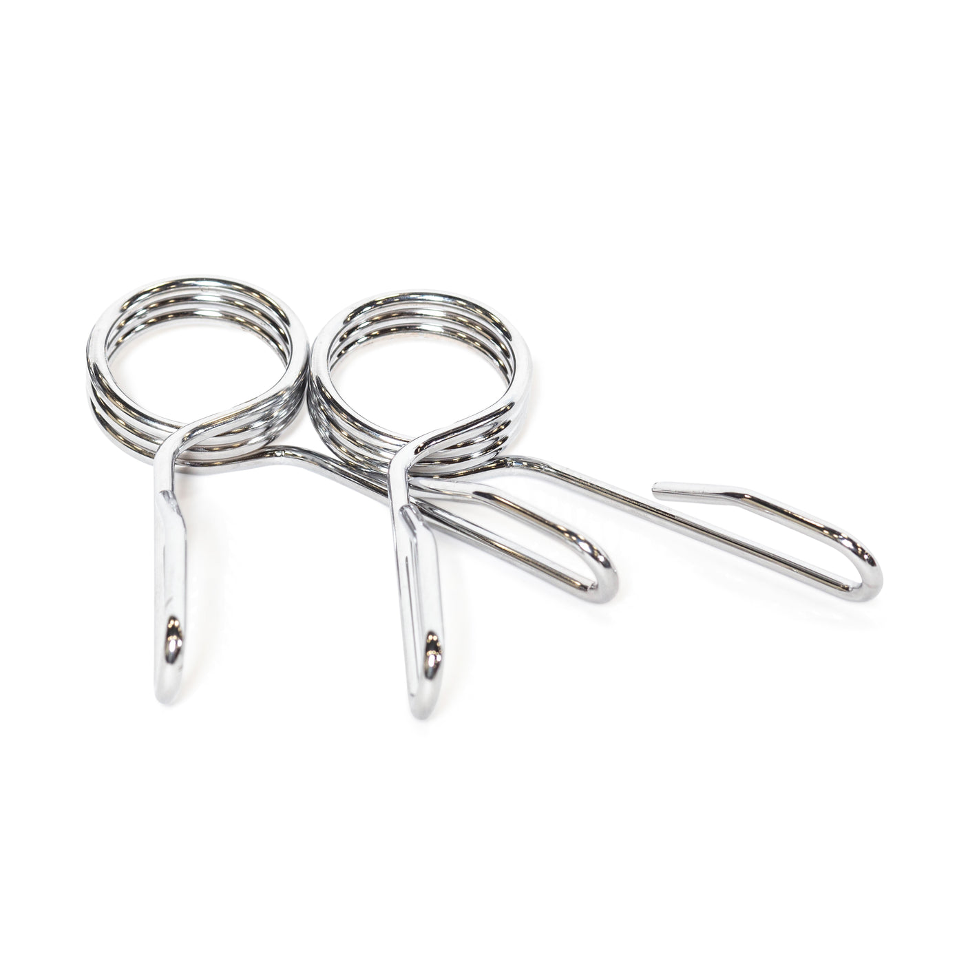 Bells of Steel Spring Collars in polished chrome, with handles ensure weight plates stay secure on an Olympic barbell. Positioned against a plain white background, these sleek accessories add both functionality and style to your lifting routine.