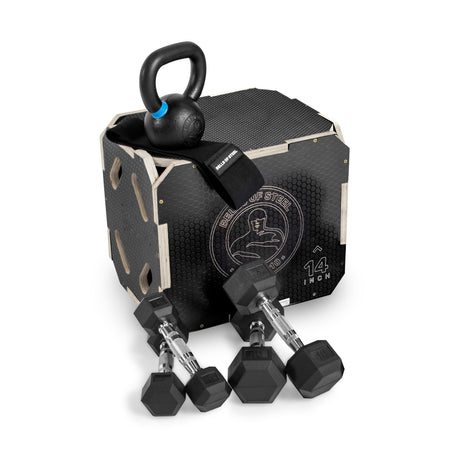 The Bells of Steel Strength Circuit Starter Kits—featuring a black plyo box, kettlebell, resistance band, and three hex dumbbells—are neatly arranged on a white background.