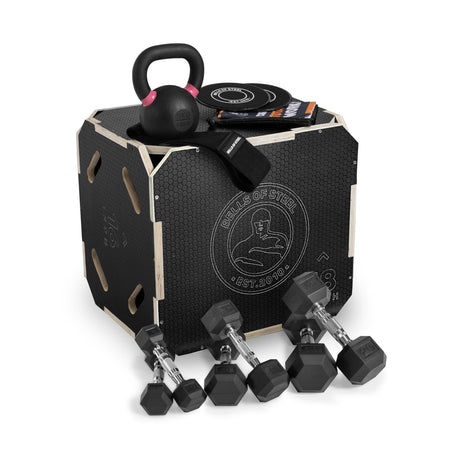 The Bells of Steel Strength Circuit Starter Kits include a black plyometric box, kettlebell, dumbbells, resistance bands, and workout booklets—perfect for home workouts and shown neatly arranged on a white background.