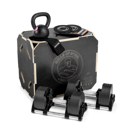 The Bells of Steel Strength Circuit Starter Kits, featuring adjustable dumbbells, a black kettlebell, resistance bands, weight plates, and a 20-inch plyometric box, create an ideal home workout setup.