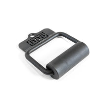 The Bells of Steel Fat Bar - Single D Handle is a black metal cable attachment with a textured handle for improved grip and a flat plate marked "BOS," perfect for rows, curls, and other cable machine exercises.