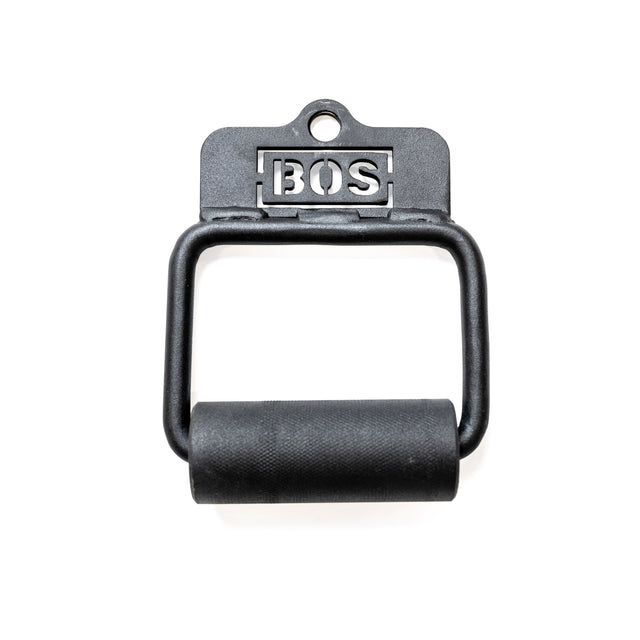 The Bells of Steel Fat Bar - Single D Handle is a black handle with a cylindrical grip to improve grip strength, featuring "BOS" cut out on the mounting plate, shown isolated on a white background.