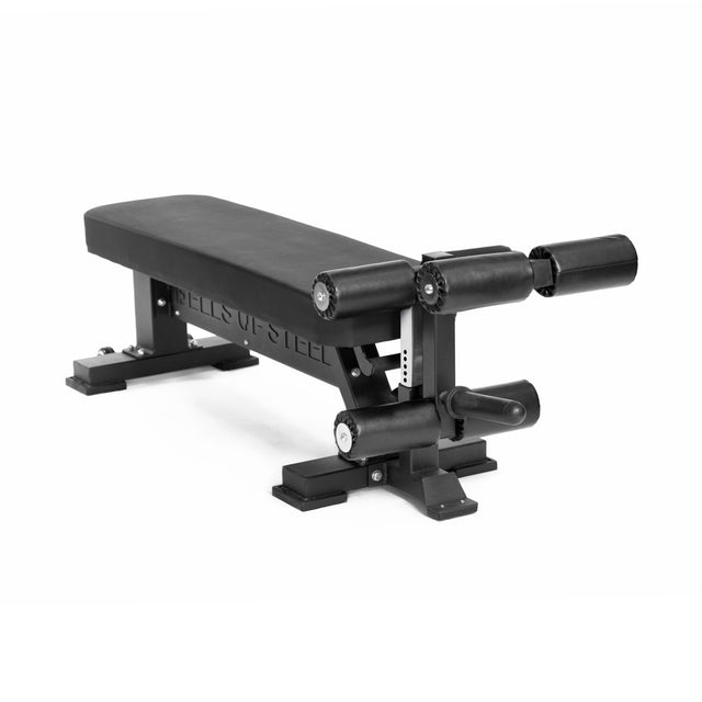 The Bells of Steel Hero Heavy-Duty Weight Bench is a black, sturdy metal flat bench with padded rollers, ideal for strength training and powerlifting.
