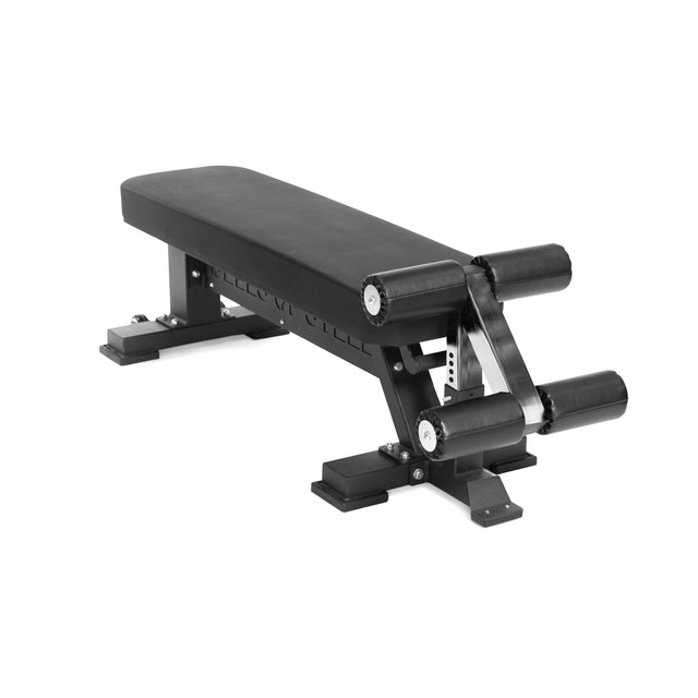 The Bells of Steel Hero Heavy-Duty Weight Bench is a black adjustable bench with padded cushions, rollers, and a 1,000lb capacity—ideal for powerlifting and strength training. Shown on a white background.