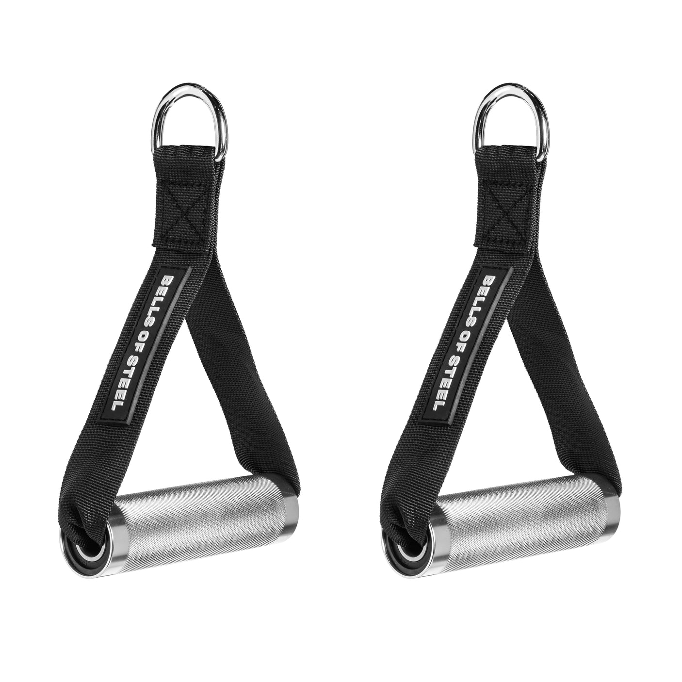 A pair of Bells of Steel USA Aluminum Handles with bearings, featuring knurled aluminum grips and black straps, is shown against a white background.