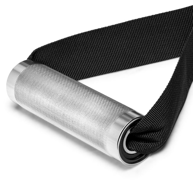 The Bells of Steel USA Aluminum Handles Pair with Bearings features textured grips and sturdy black nylon straps, ideal for weightlifting or cable machine exercises.
