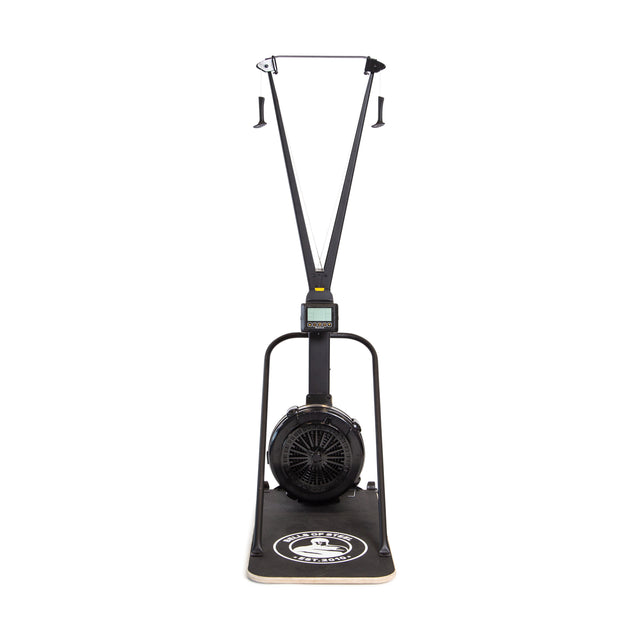 The Bells of Steel Blitz Ski Trainer features black handles, a digital display, and a fan flywheel on a branded base, simulating cross-country skiing indoors for an effective full-body workout.