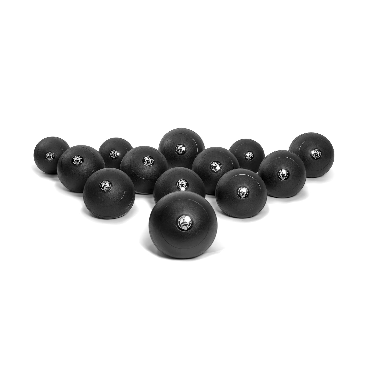A set of black Slam Balls by Bells of Steel, ideal for cardio workouts, arranged in a triangular formation on a white surface. Each ball features a circular metal end with a logo at its center, enhancing your explosive power routine.