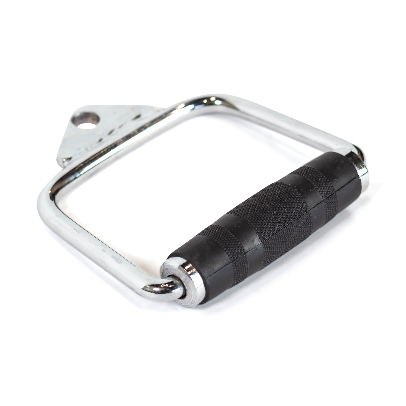 The Bells of Steel Single D Handle Cable Attachment features a chrome metal frame with textured rubberized grips, designed for use as a cable machine handle on exercise machines.