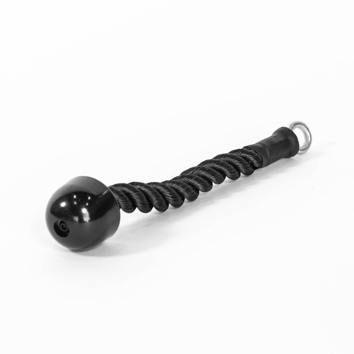 The Bells of Steel Tricep Pulldown Rope – Single is a black cable machine attachment with a looped metal ring on one end and a large rounded rubber stopper on the other, shown on a white background.