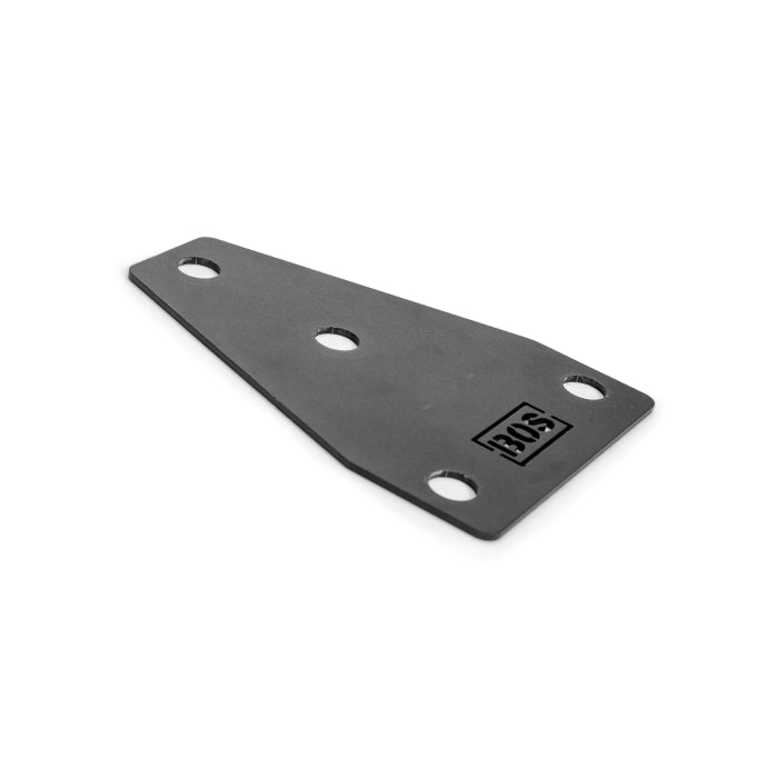 The Hydra Bumper Plate Tree Reinforcement Plates by Bells of Steel is a black, flat, triangular metal bracket with four mounting holes and a small logo stamped near one corner, ideal for reinforcement. Set against a plain white background.