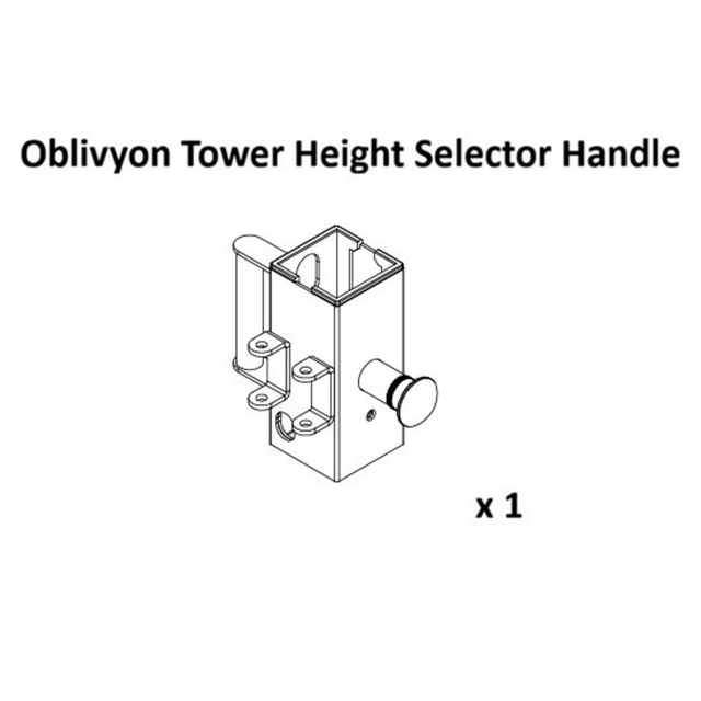 Line drawing of a metal selector handle assembly with a side knob, labeled "Oblivyon Cable Tower Spare Parts" from Bells of Steel USA. Designed for use with the Oblivyon Tower’s weight stack system, the image displays one unit (x 1) featuring attachment points and mounting brackets.