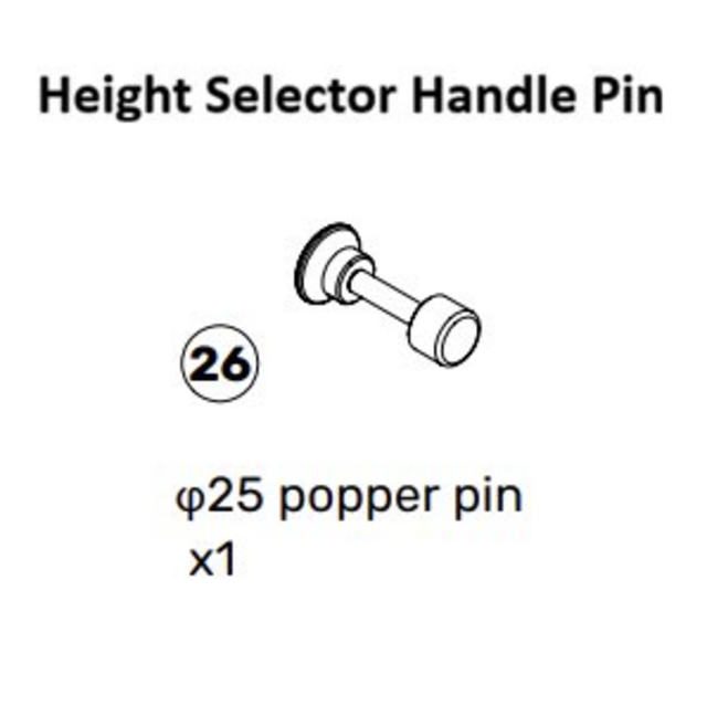 Diagram of a height selector handle pin labeled "26" with text: "φ25 popper pin x1." This pin, a component of the Oblivyon Cable Tower Spare Parts by Bells of Steel USA, is commonly used in Plate Loaded and Weight Stack equipment. It features a round knob on one end and a circular flange near the middle.