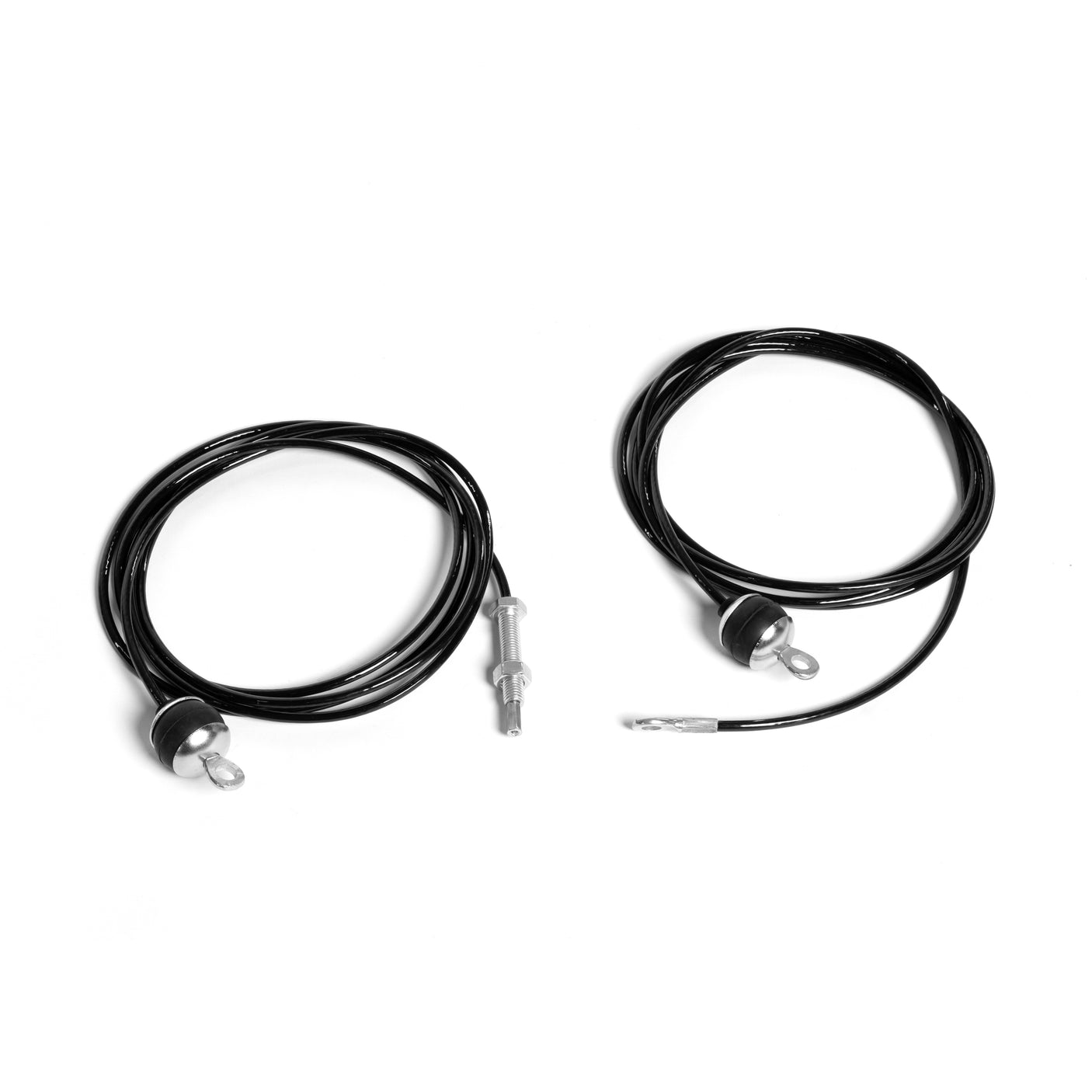 Two neatly coiled 84" Hydra/Manticore Lat Pulldown Attachment Cables by Bells of Steel, featuring black metal ends and connectors, are separately displayed against a white background, highlighting their features for use in Hydra/Manticore systems.