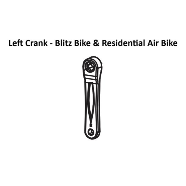 Black and white illustration of a left crank arm for a bike, labeled "Air Bike Spare Parts - Bells of Steel USA" above the image. Ideal for those looking for replacement parts compatible with both Blitz Air Bike and Residential Air Bike models.
