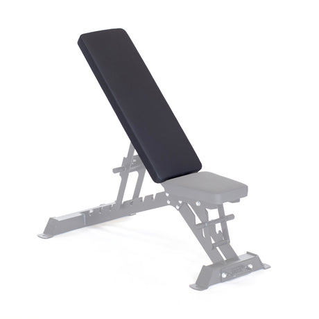 Introducing the Buzzsaw Back Pad from Bells of Steel USA: an adjustable gym bench with black padding and a sleek metallic gray frame. Its versatile backrest and seat support various weightlifting exercises, maximizing your workout sessions.