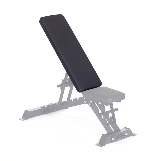 Introducing the Buzzsaw Back Pad from Bells of Steel USA: an adjustable gym bench with black padding and a sleek metallic gray frame. Its versatile backrest and seat support various weightlifting exercises, maximizing your workout sessions.
