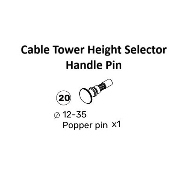 Diagram of a Cable Tower Spare Part handle selector pin (Bells of Steel USA, STK-PULT4-MA / PULT5-MA), labeled as a popper pin with a diameter range of 12–35 mm. Features design elements typical for weight stack cable systems and is shown as a single piece.
