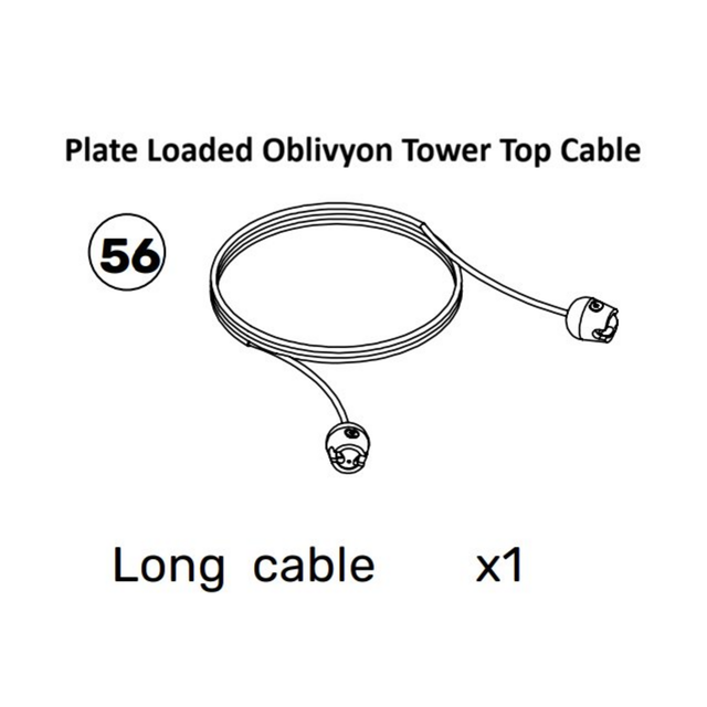 Line drawing of a coiled cable with connectors at both ends, labeled "Oblivyon Cable Tower Spare Parts." Text indicates "56" and "Long cable x1. Ideal for use with the Bells of Steel USA Oblivyon Tower weight stack system.