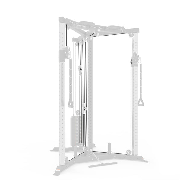 The Bells of Steel USA Selectorized All-in-One Trainer, featuring cables Part #30, #31, #32, includes a dual adjustable cable system with selectorized stacks and durable replacement cables. Ergonomic handles enable varied exercises, while the sturdy frame supports strength training on a sleek white background.