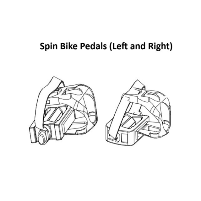 Black and white illustration of two spin bike pedals with straps, labeled as left and right, positioned side by side under the title "Blitz Indoor Cycling Bike Spare Parts." Perfect for those seeking replacement Cycling Bike parts from Bells of Steel USA.