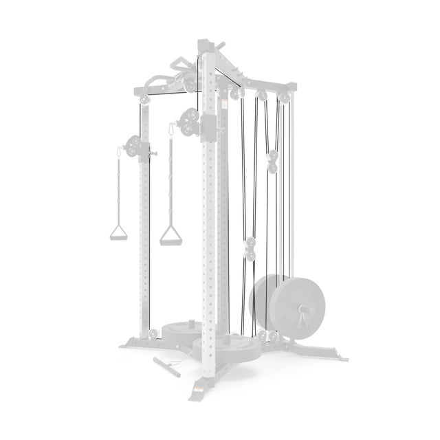 The Bells of Steel USA Plate-Loaded All-in-One Trainer Cables Part #30, #31, #32 features multiple pulleys, two handles, and side weight plates. Designed for strength training exercises, it's ideal for a robust workout routine on a white background.