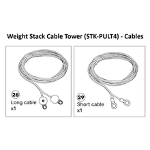 Diagram showing two types of Cable Tower Spare Parts (STK-PULT4-MA / PULT5-MA) from Bells of Steel USA: a long cable labeled "28" and a short cable labeled "29," each depicted as one coiled piece. Perfect replacements for plate-loaded cable systems or machines equipped with a cable tower selector knob.
