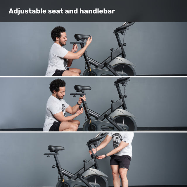 Three images show a man adjusting the seat and handlebar height of the Bells of Steel Blitz Indoor Cycling Bike. "Adjustable seat and handlebar" is written above. The black exercise bike is set against a grey background.