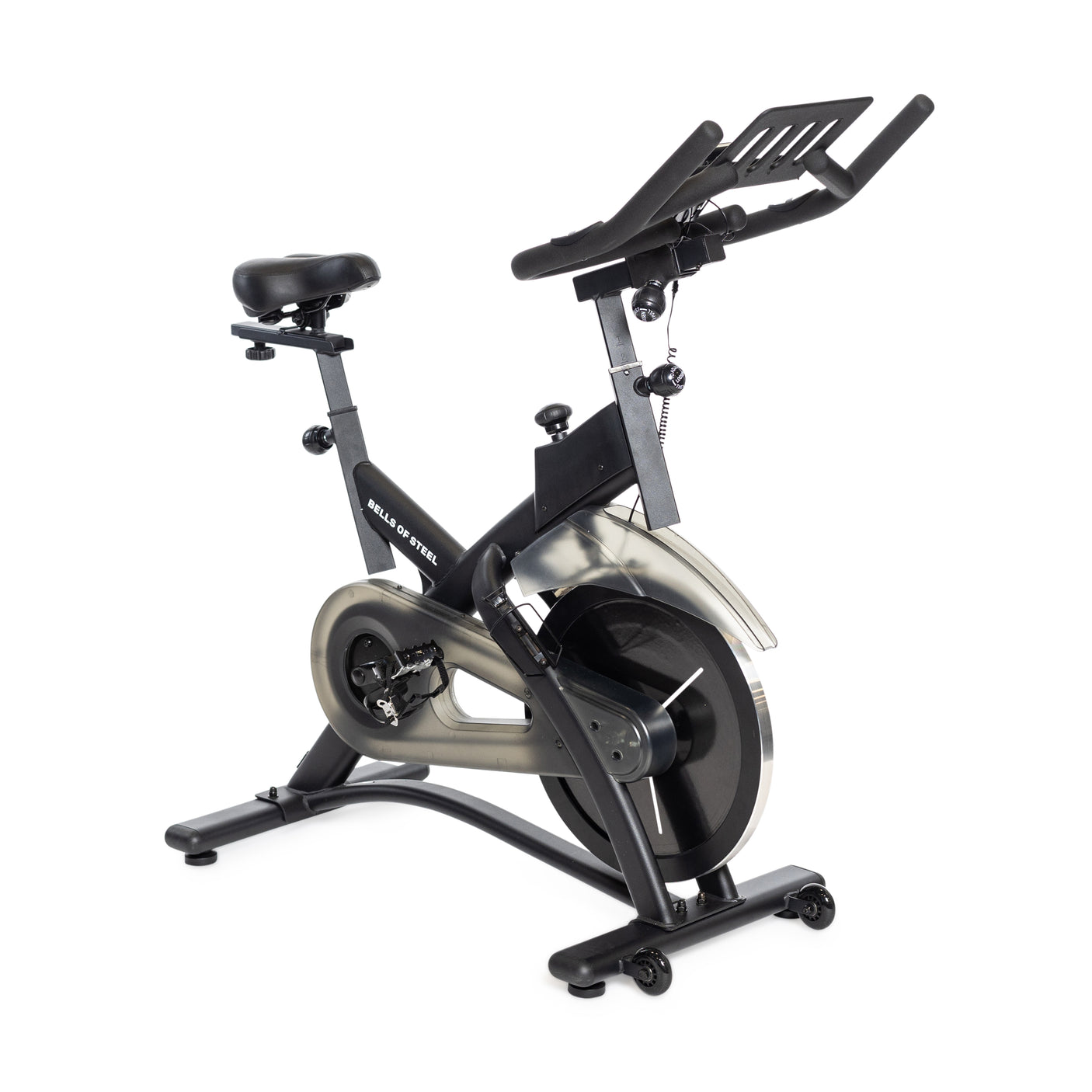 The Blitz Indoor Cycling Bike by Bells of Steel boasts a black and silver design, ergonomic seat, adjustable handlebars, and a sturdy frame with magnetic resistance. A digital display on the handlebars enhances your indoor cycling experience.