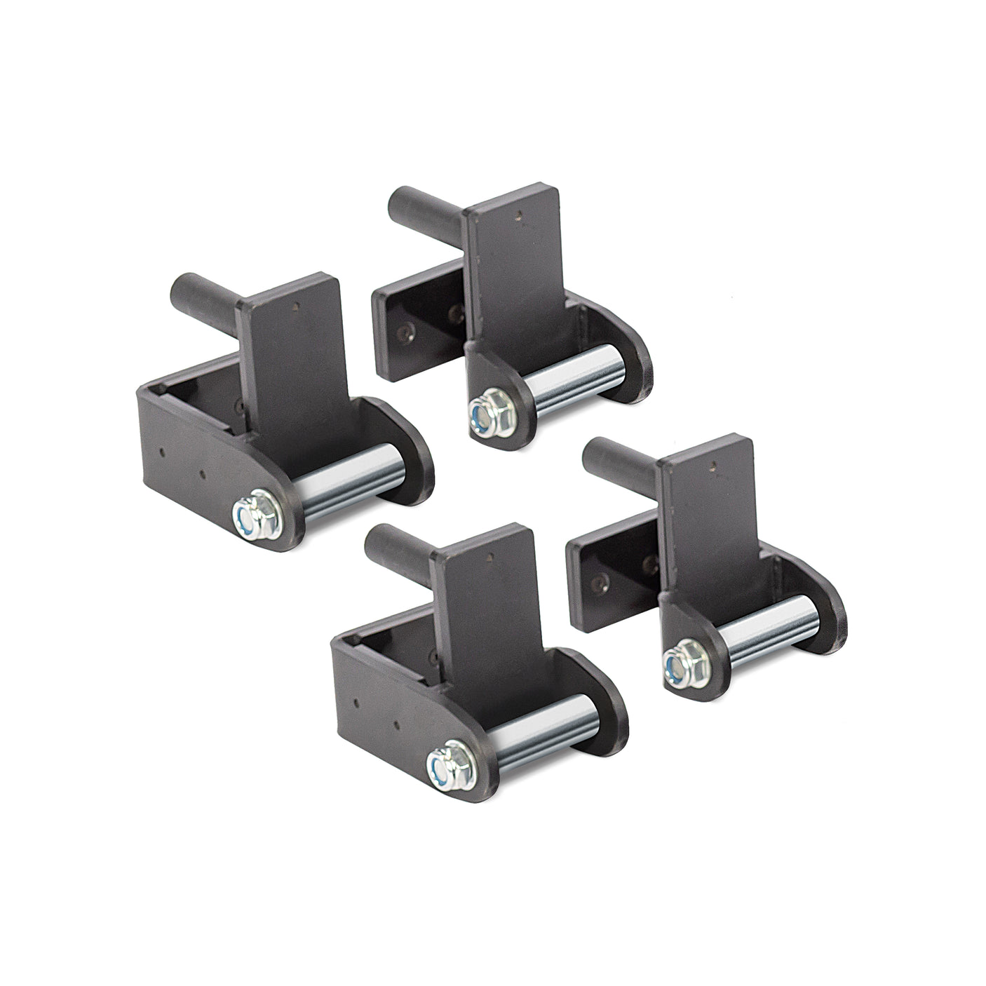Four Safety Strap Connectors by Bells of Steel, featuring black metal j-hooks with roller sleeves and bolts, designed for power rack fitness equipment, shown on a white background.