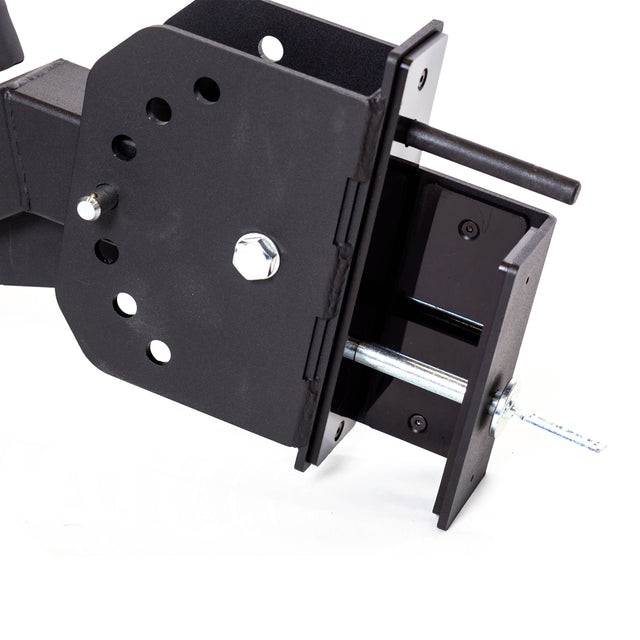 Close-up of the Bells of Steel Seal Row Pad Rack Attachment—a black metal bracket with multiple holes, bolts, and a threaded rod—ideal as a power rack or chest support accessory, shown against a white background.