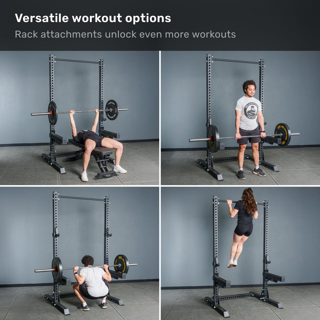 A series of four images shows a man and woman using the Bells of Steel Manticore Squat Stand Builder (3" x 3", 1" Holes) for bench press, deadlift, squat, and pull-up exercises—ideal for any home gym setup. Text above reads: "Versatile workout options. 3x3 uprights and rack attachments unlock even more workouts.
