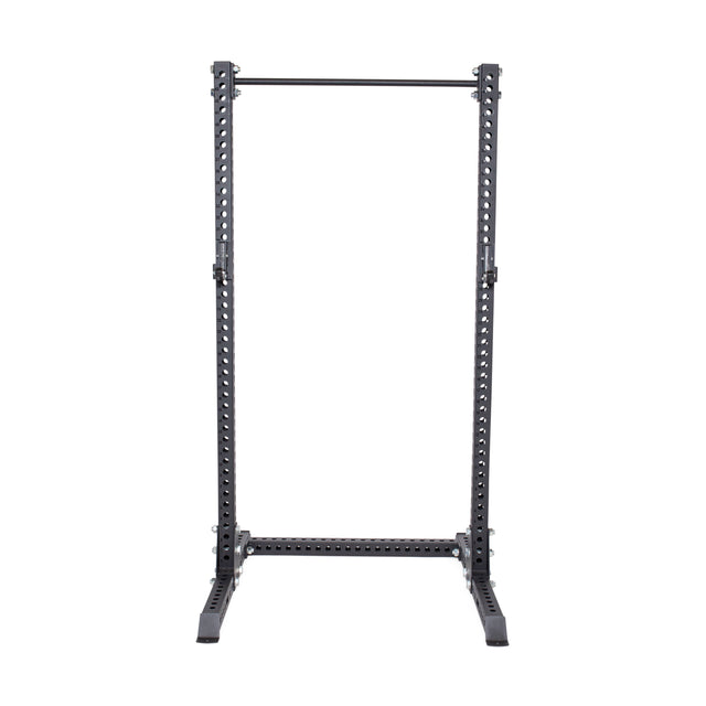 The Bells of Steel Manticore Squat Stand - Prebuilt (3" x 3", 1" Holes) is a black metal squat stand with open front, adjustable uprights, and a pull-up bar—ideal for any home gym and pictured on a white background.