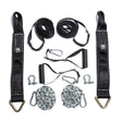 The Bells of Steel Suspension Spotter Straps And Bodyweight System is displayed on a white background, featuring black straps with handles, metal chains, carabiners, hooks, and safety spotter straps with reinforced stitching and metal ends for secure home gym attachment.