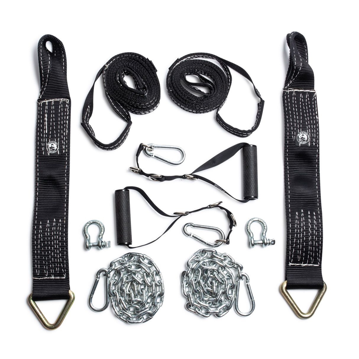 The Bells of Steel Suspension Spotter Straps And Bodyweight System is displayed on a white background, featuring black straps with handles, metal chains, carabiners, hooks, and safety spotter straps with reinforced stitching and metal ends for secure home gym attachment.