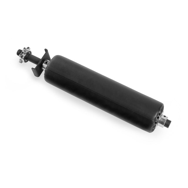 The Split Squat Leg Roller Rack Attachment from Bells of Steel is a cylindrical black foam roller with metal adjustable attachments on both ends, ideal for Bulgarian split squats in a Pilates reformer machine, shown against a white background.
