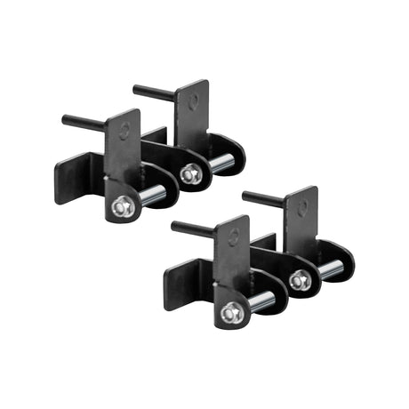 Four Bells of Steel Safety Strap Connectors in black metal, featuring protruding pins and bolts, are arranged in two rows on a white background—essential hardware for enhancing your power rack’s training safety.